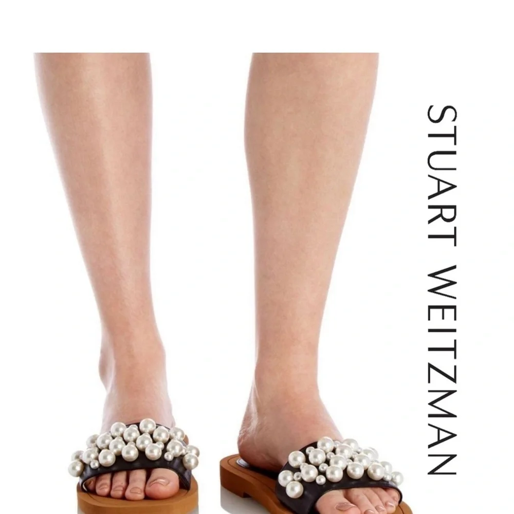Stuart Weitzman Goldie Pearl Embellished Women's Leather Slides
